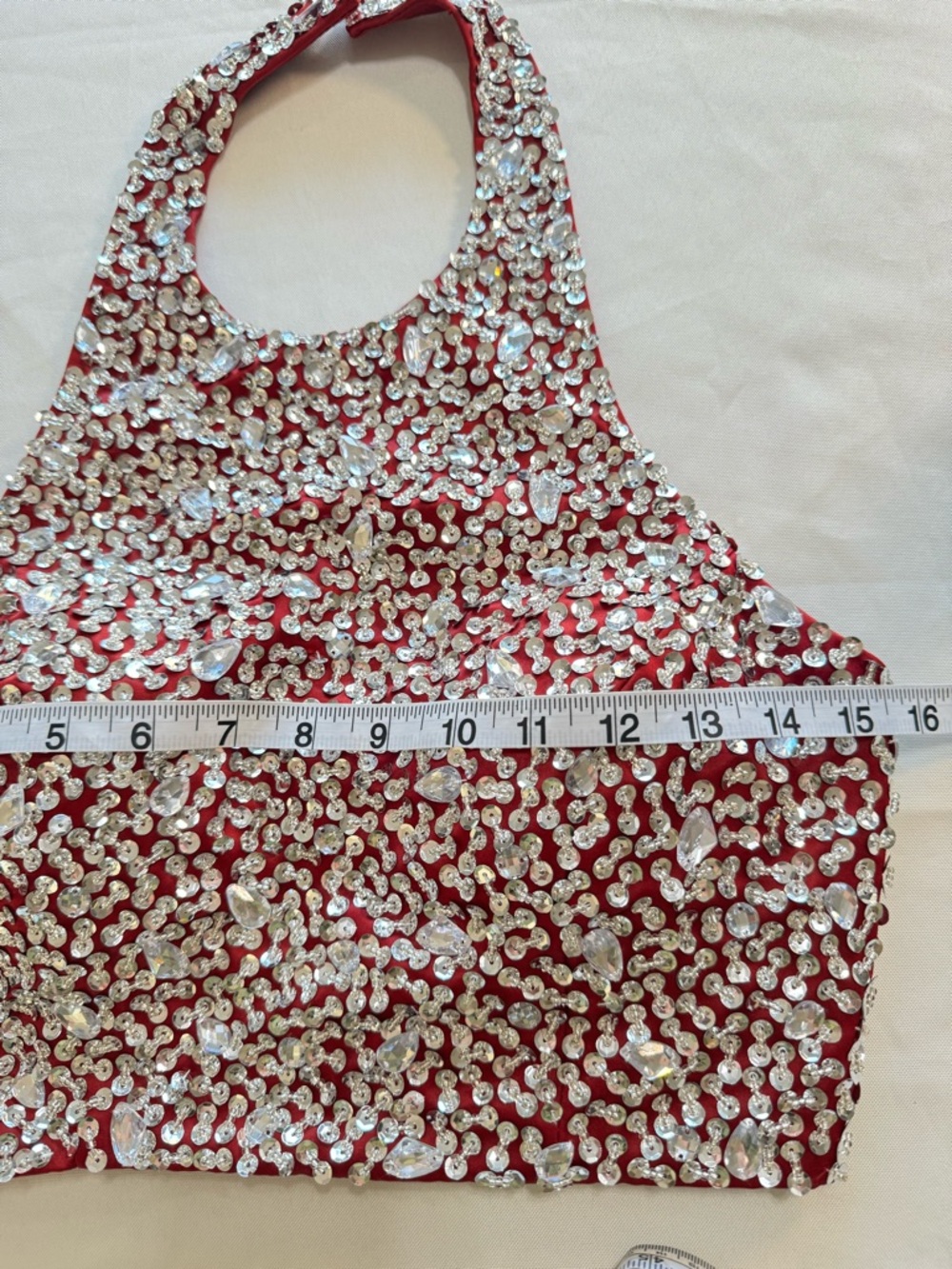 Red Rhinestone Two Piece Prom Dress Set Halter Beaded Formal - Picture 7 of 16